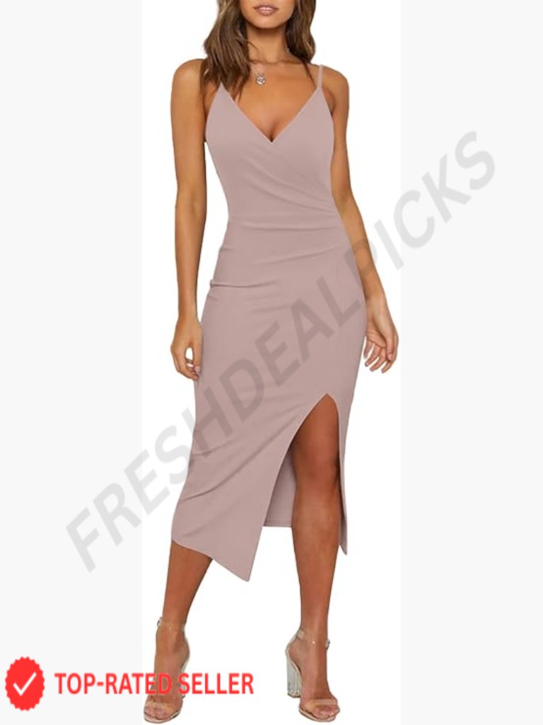 Sleeveless Wrap Bodycon Dress With Side Slit Adjustable Spaghetti Straps